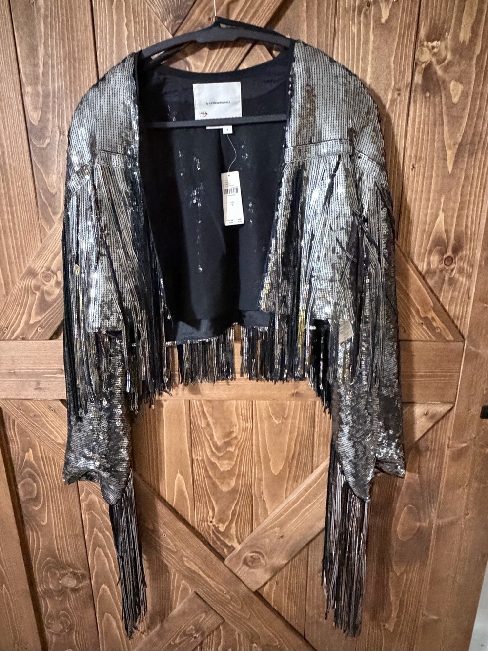Anthropologie Silver Sequined Fringe Cropped Jacket